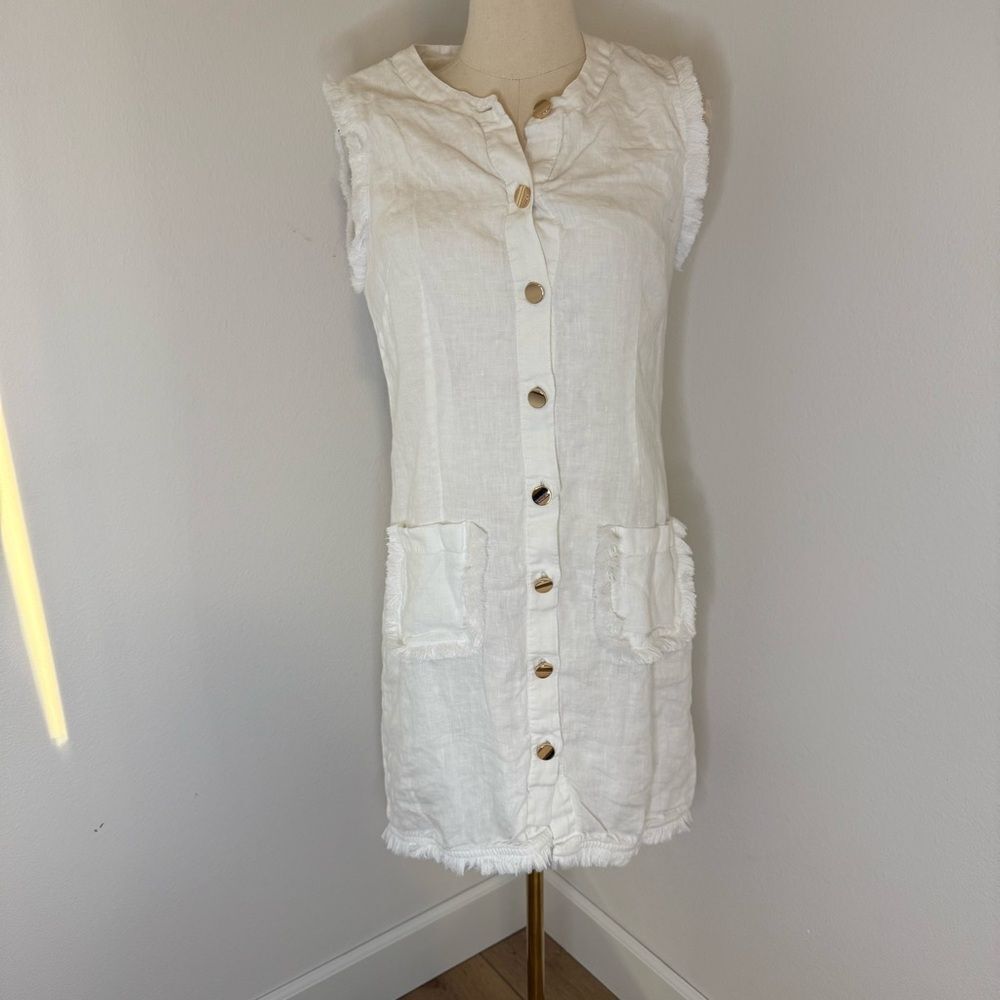 [J. Crew] White Sleeveless Mini Dress with Button Detail 100% Linen - Size Small